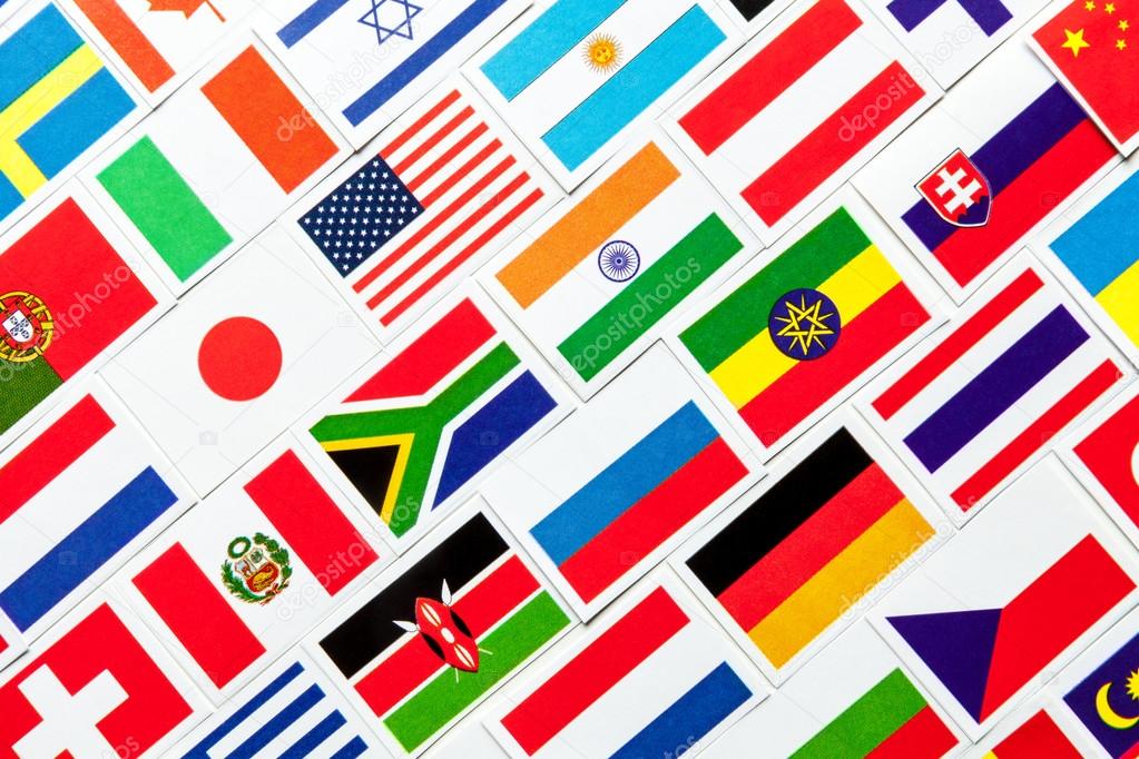 Background of different colorful national flags of the world. Collage