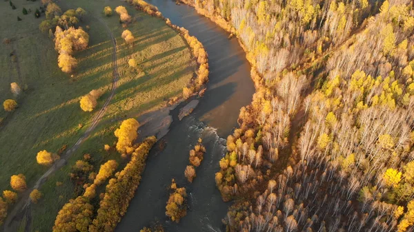 Vista Aérea Drone Curva Rio Montanha Queda Floresta Careca Prado — Fotografia de Stock