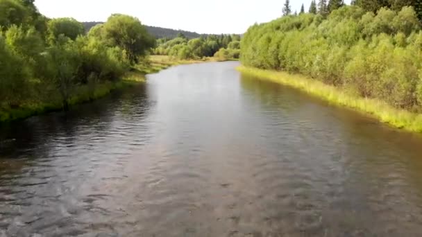 Повітряний політ безпілотника над гірською річкою, полем, лісом та шляхом . — стокове відео