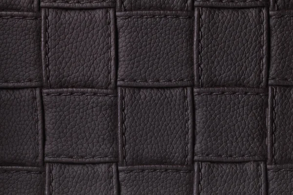 Textur Mörkt Svart Läder Bakgrund Med Fyrkantiga Mönster Och Stygn — Stockfoto