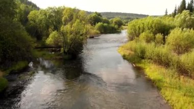 Dağ nehri ve ormanın üzerinde insansız hava aracı uçuşu.