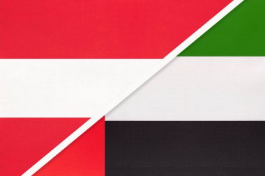Avusturya ve Birleşik Arap Emirlikleri veya BAE, tekstil ulusal bayrakları. İki ülke arasındaki ilişki, ortaklık ve uyum.