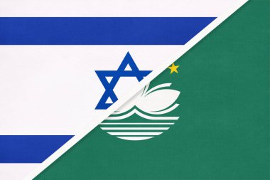 İsrail ve Macau veya Macao, tekstil ulusal bayrakları. İki ülke arasındaki ilişki, ortaklık ve uyum.