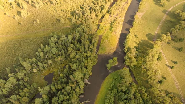 Aerial View Drone Curve River Meadow Country Road Dense Forest — 스톡 사진