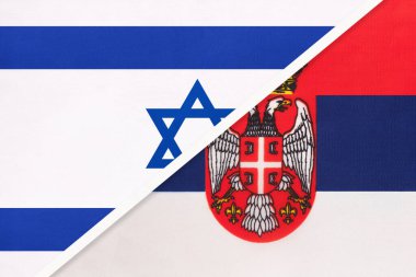 İsrail ve Sırbistan, tekstil ulusal bayrakları. İki ülke arasındaki ilişki, ortaklık ve uyum.