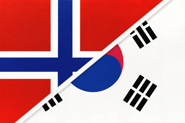 Νορβηγία Και Νότια Κορέα Rok Εθνικές Σημαίες Από Ύφασμα Σχέση — Φωτογραφία Αρχείου