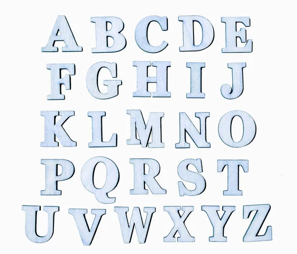 Set Vintage Blue Wooden Letters Isolated White Background English Alphabet — Stock Photo, Image