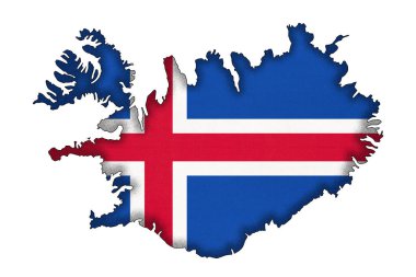 İzlanda sınır silueti, beyaz arka planda izole edilmiş, kopyalama alanı olan ulusal bayrak. Dünya Avrupa ülkelerinin coğrafya haritasında yer alması. İzlandaca resmi işaret, haritacılık.