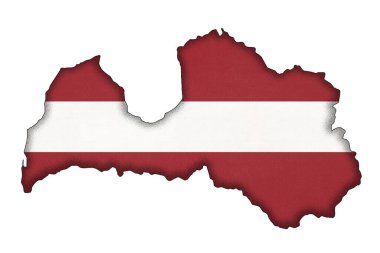 Letonya sınır silueti, beyaz arka planda izole edilmiş, kopyalama alanı olan ulusal bayrak. Dünya Avrupa ülkelerinin coğrafya haritasında yer alması. Letonya resmi işareti, haritacılık.