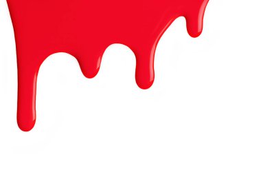 İzole edilmiş beyaz arkaplanda parlak kırmızı renk damlaları var. Sıvı damlalı soyut kırmızı arka plan. Kopya alanı olan akrilik resim.