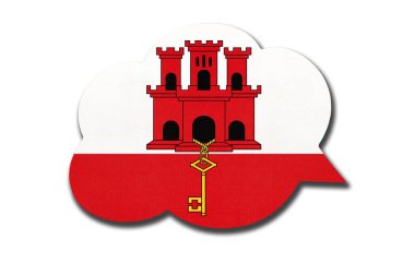 Cebelitarık ulusal bayrağının beyaz arka planda izole edildiği 3D konuşma balonu. Cebelitarların ülkesinin sembolü. Dünya iletişim işareti.