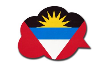 Beyaz arka planda Antigua ve Barbuda ulusal bayrağı bulunan 3D konuşma balonu. Ülkenin sembolü. Dünya iletişim işareti.