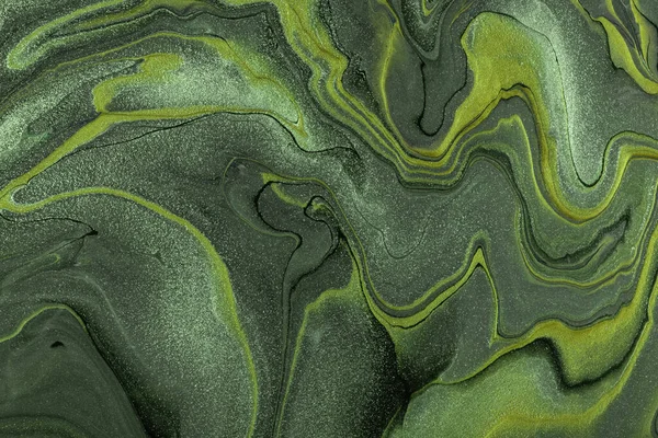 抽象流体芸術背景濃い緑とオリーブの色 液体大理石 カーキ色の線とグラデーションでキャンバス上のアクリル絵具 波状の模様のアルコールインクの背景 — ストック写真