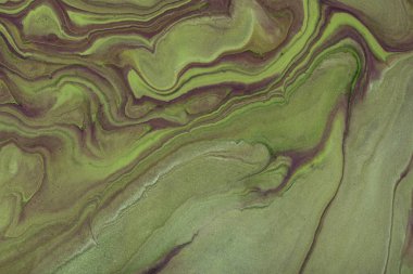 Soyut akışkan sanat arka planı koyu yeşil ve kahverengi renkler. Sıvı mermer. Kahverengi çizgileri ve gradyanı olan akrilik bir tablo. Haki dalgalı desenli alkol arkaplanı.