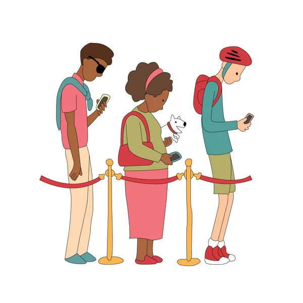 Mensen in de rij staan en kijken naar hun mobiele telefoon. Illustratie in vector. — Stockvector