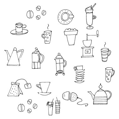 El çekilmiş kahve ve çay çizimler. 