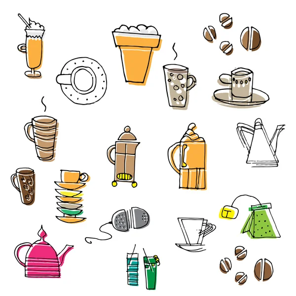 Set of hand drawn coffee and tea sketches. — Stock Vector