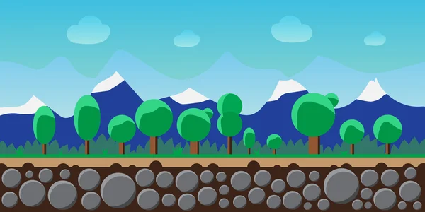 Naturlandschaft, Hintergrund für Spiele, Bäume, Berge. — Stockvektor