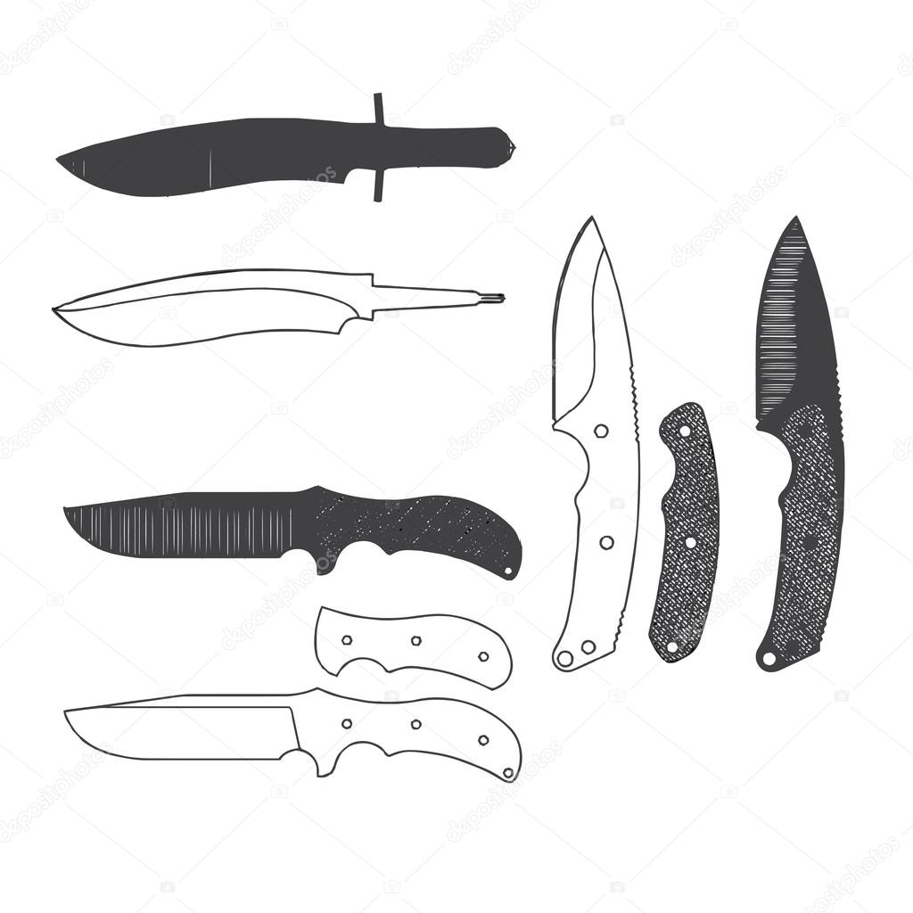 Collection of army knives, typical combat knife, crossed knives samples, stock knife. Vector illustration.