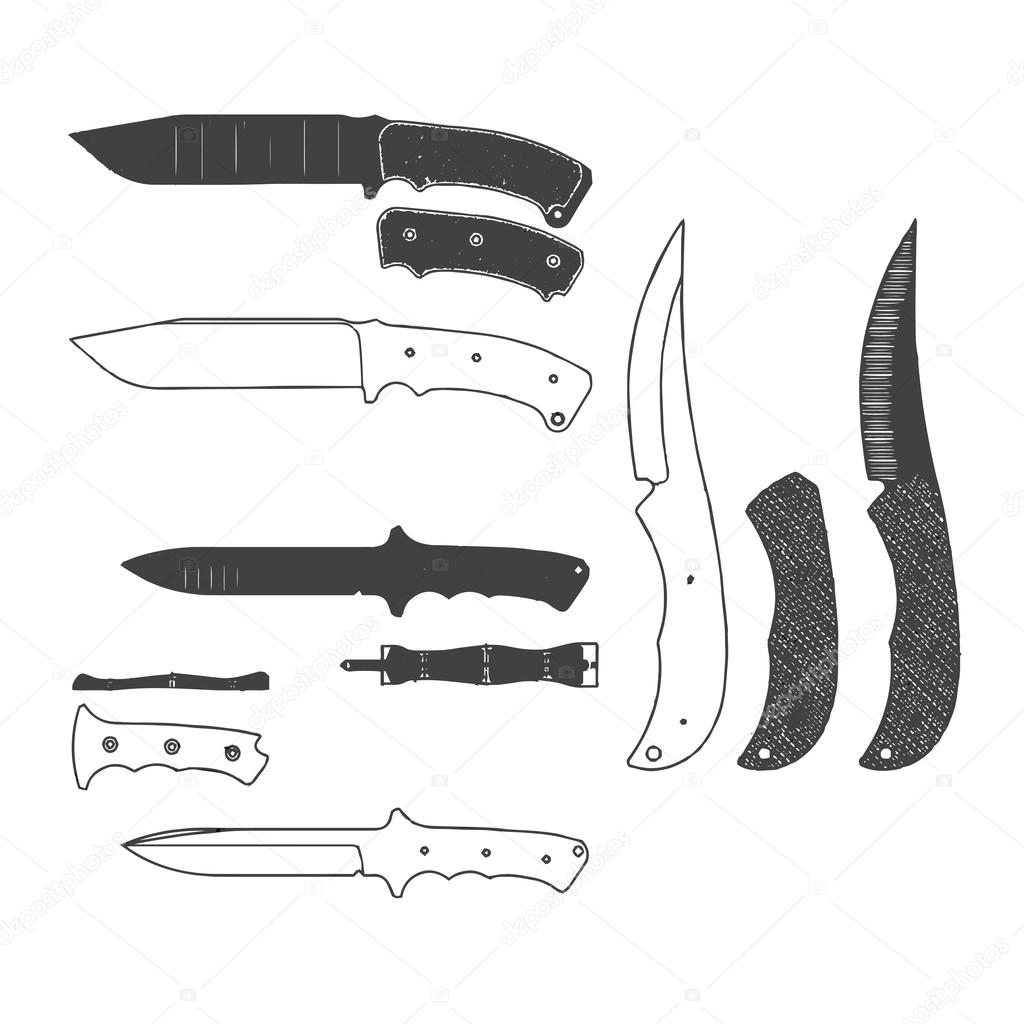 Collection of army knives, typical combat knife, crossed knives samples, stock knife. Vector illustration.