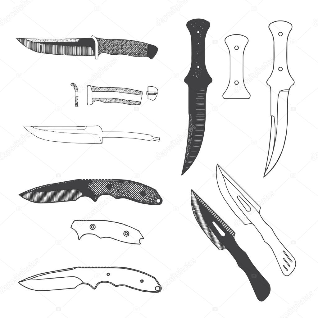 Collection of army knives, typical combat knife, crossed knives samples, stock knife. Vector illustration.