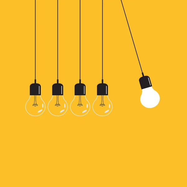 Hanging light bulbs with glowing one on a yellow background. — Stock Vector