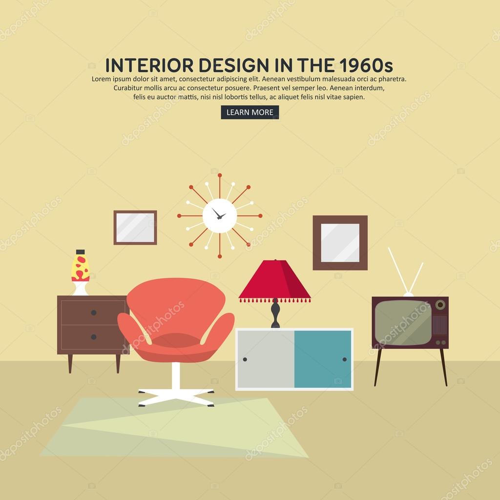 Flat Retro Interior Living Room Of 1960s Stock Vector