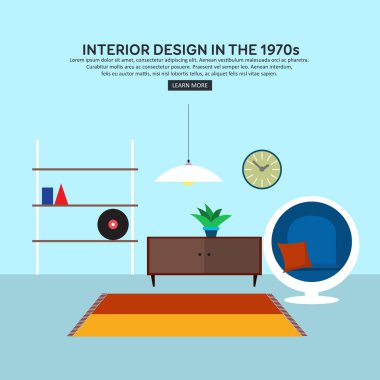 1970'lerin düz retro iç oturma odası.
