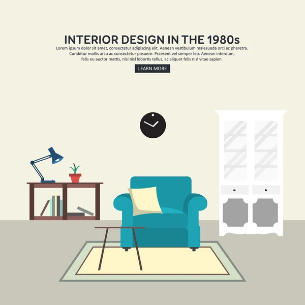 Piso retro interior salón de 1980 . — Vector de stock