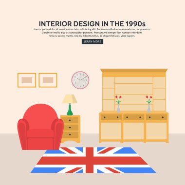 1990'ların düz retro iç oturma odası.