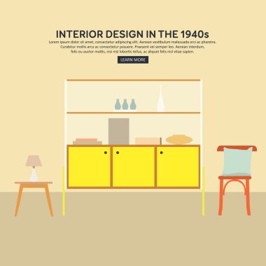 1940'larda, düz retro iç oturma odası.