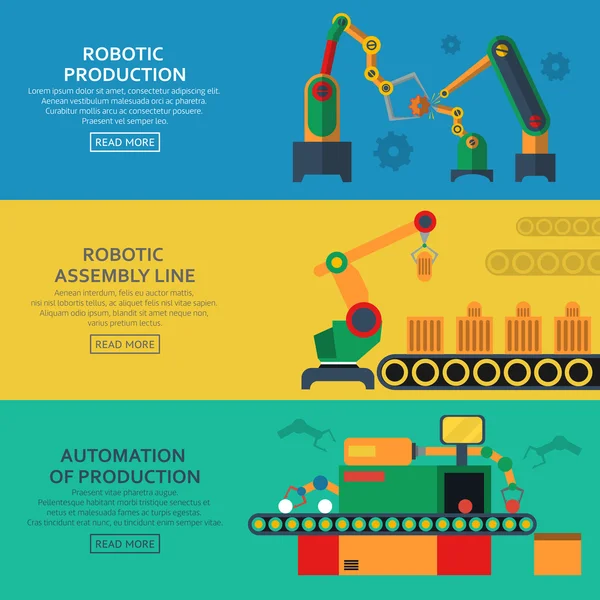 Otomasyon Yatay montaj hattı ve robotik yükleyici kümesiyle afiş. Vektör çizim — Stok Vektör