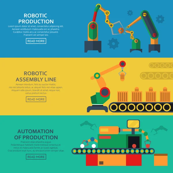 Banderas horizontales de automatización con línea de montaje y cargadoras robóticas. Ilustración vectorial — Vector de stock