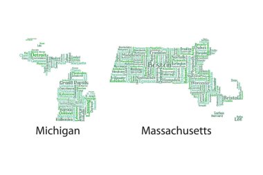 Michigan Eyaleti ve Massachusetts Harita Vektörü tüm ilçeleri, şehirleri ve belediyeleri kapsar. 