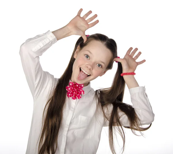 Menina emocional bonita com óculos em um fundo branco — Fotografia de Stock