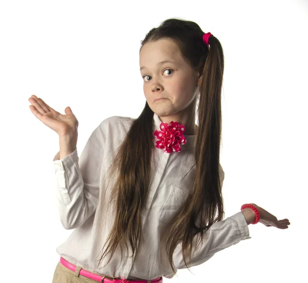 Menina emocional bonita com óculos em um fundo branco — Fotografia de Stock