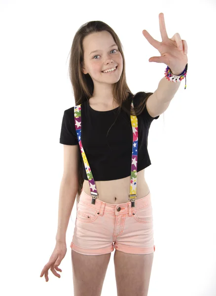 Hermosa chica emocional con gafas sobre un fondo blanco — Foto de Stock