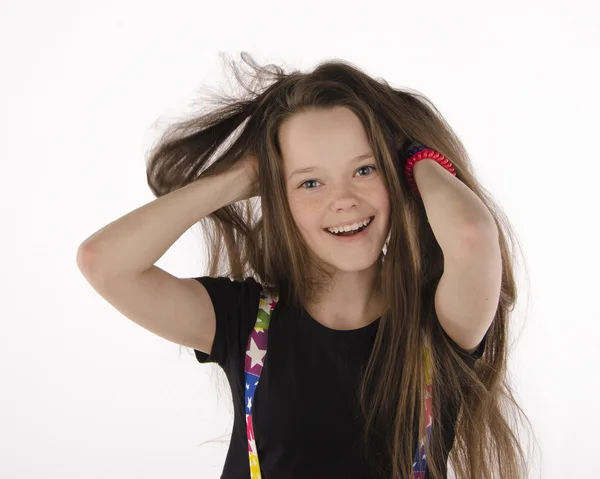 Menina emocional bonita com óculos em um fundo branco — Fotografia de Stock