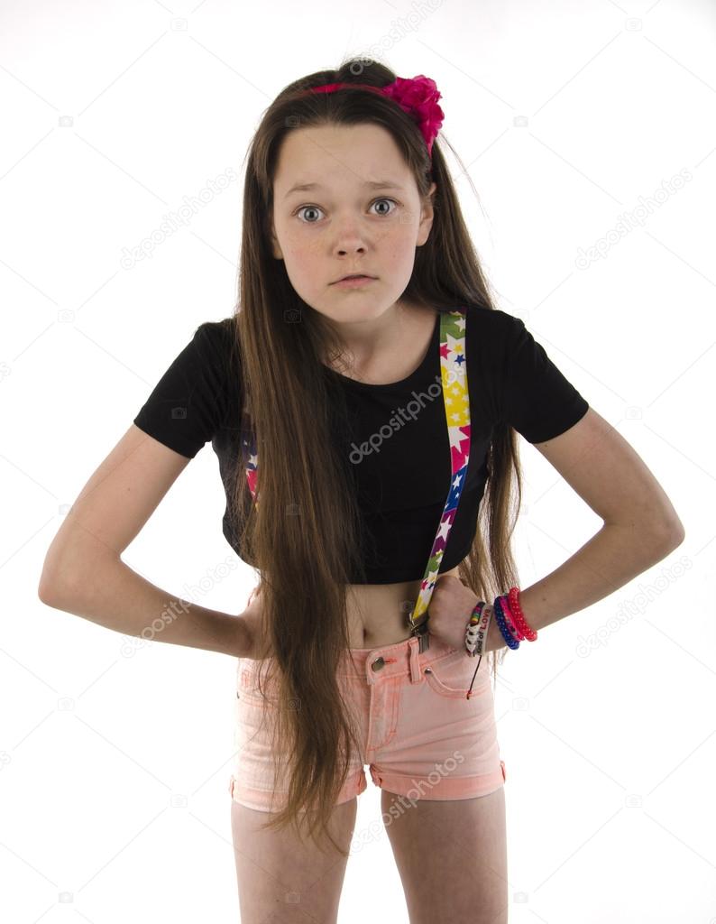 Beautiful emotional girl with glasses on a white background