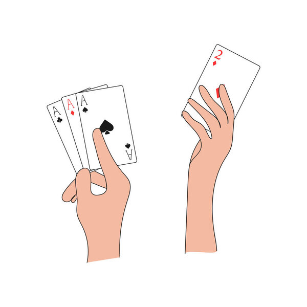 Hands holding playing cards. Winning and losing poker comparison. Vector illustration. Gambling, casino, poker, card game concepts.