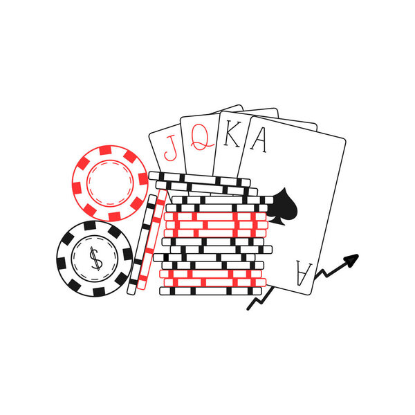 Poker Royal Flush and casino chips. Winning gambling concept. Vector illustration. Casino promotions, poker tournaments, gambling strategies, financial risk concepts.