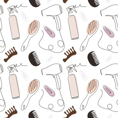 Kuaför aletleri ve güzellik aksesuarları ile minimalist kusursuz bir sanat deseni Güzellik salonu markalaşması, paketleme, tekstil, duvar kağıtları, moda geçmişi.