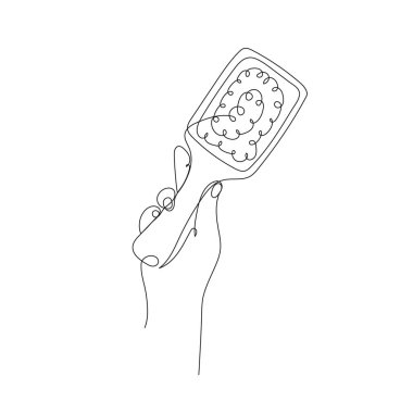 El ele tutuşan saç fırçası. Güzellik, saç bakımı, kuaför, moda tasarım projeleri için minimalist bir satır vektör çizimi.