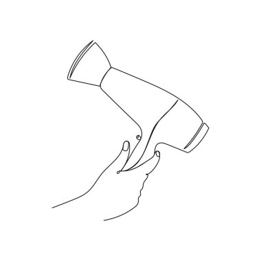 Saç kurutma makinesi. Güzellik, saç bakımı, kaplıca, kuaför, moda tasarım projeleri için minimalist bir satır vektör çizimi.