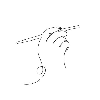 Makyaj fırçası tutan bir el. Güzellik, moda, kozmetik, cilt bakımı, kuaför markası, modern yaşam tarzı kavramları için minimalist bir satır vektör sanatı.