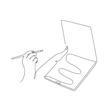 Makyaj fırçası ve ayna pudralığı tutan bir el. Güzellik, moda, kozmetik, cilt bakımı, kuaför markası, modern yaşam tarzı kavramları için minimalist bir satır vektör sanatı.