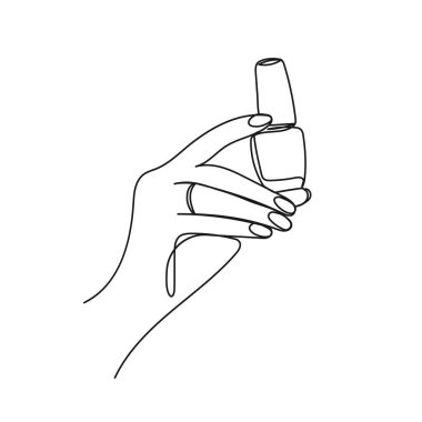 Oje şişesi tutan minimalist çizgili sanat eseri. Güzellik, kozmetik, moda, sağlık, manikür, kişisel bakım kavramları için vektör illüstrasyon.