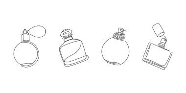 Minimalist parfüm şişeleri seti. Moda, güzellik, kozmetik, markalaşma, yaşam tarzı tasarım projeleri için vektör illüstrasyonu.