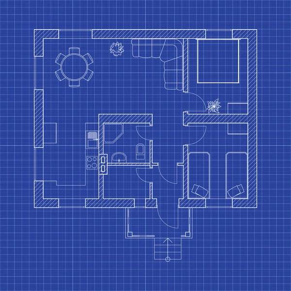 Blueprint bottenplan av en modern lägenhet på rutat papper. Vektor design. Hus interiör. Arkitektoniska bakgrund. — Stock vektor