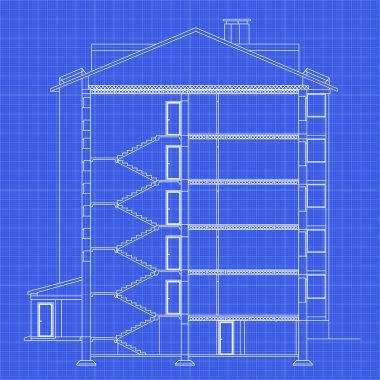 Detaylı çok katlı bina. Kesit evi. Vektör blueprint. Mimari arka plan.
